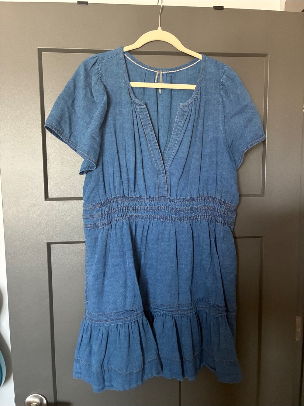Anthropologie Blue Tiered V-Neck Denim Dress